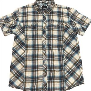 prAna Men’s Short Sleeve Plaid Button Shirt Hiking Outdoors Size XL Slim